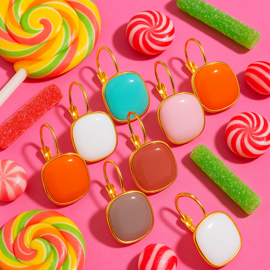 CANDY🍭 Aretes de aro cuadrados color caramelo esmaltado de acero inoxidable / Varios colores