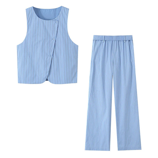 Set de 2 piezas con chaleco cruzado a rayas y pantalones rectos a rayas