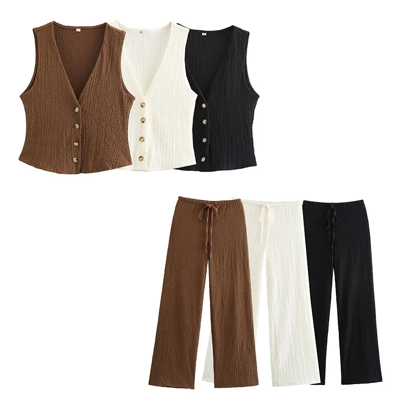 Set de 2 piezas con textura/chaleco y pantalones vintage de cintura alta elástica/Varios colores