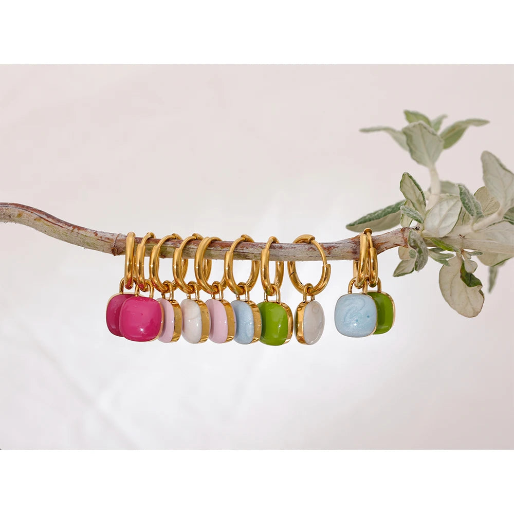 Aretes de aro con forma de gota cuadrada de acero inoxidable / Varios colores