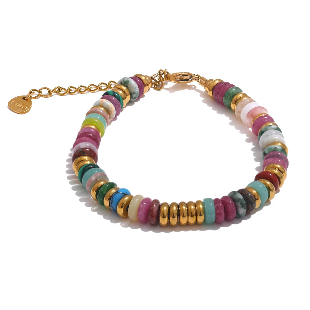 Pulseras de acero inoxidable hechas a mano con cadena de cuentas de piedra natural colorida / Varias combinaciones
