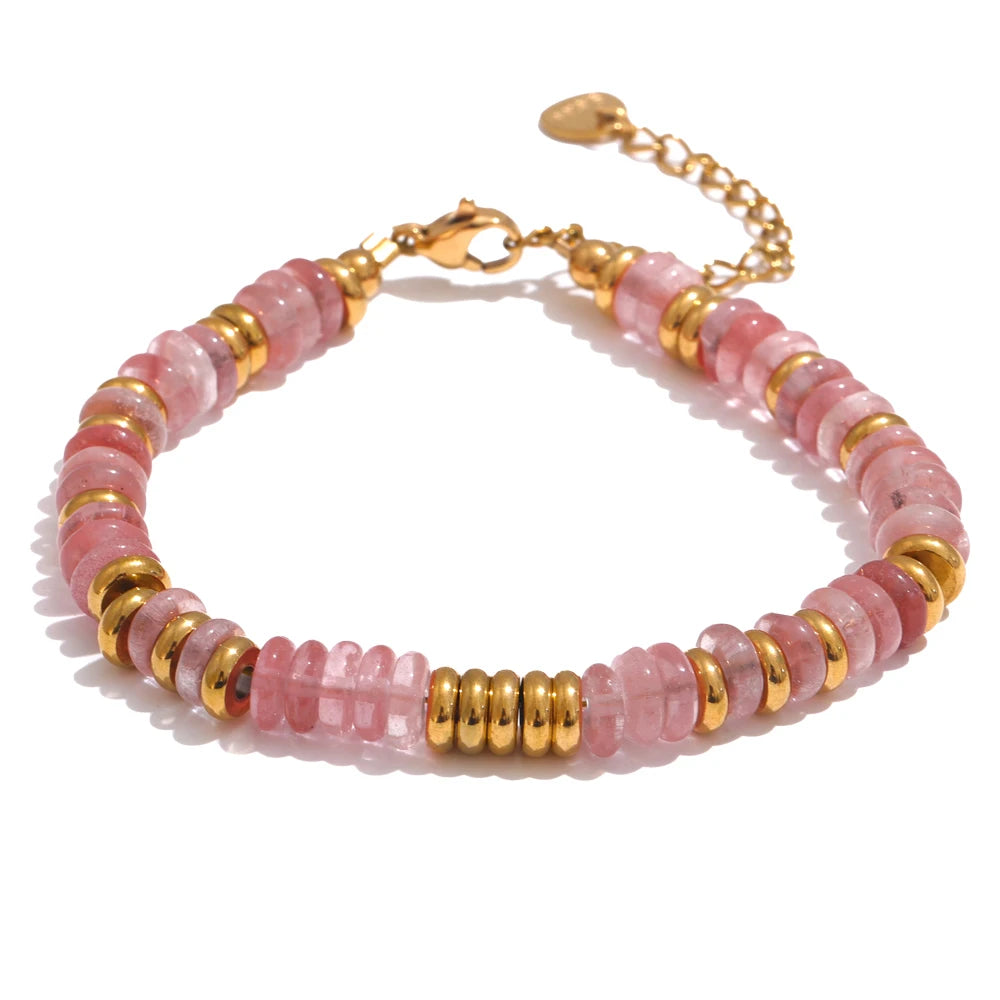 Pulseras de acero inoxidable hechas a mano con cadena de cuentas de piedra natural colorida / Varias combinaciones