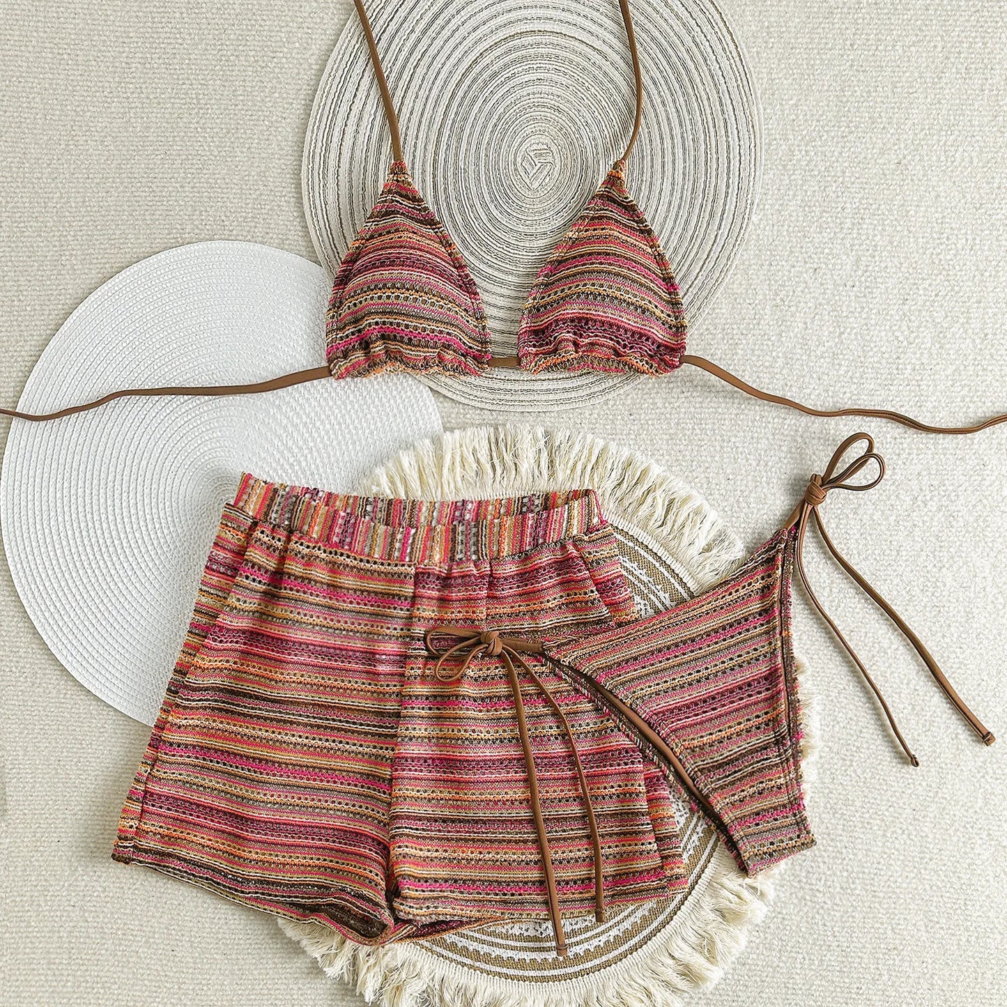 Bikini set de 3 piezas con lazo estilo halter
