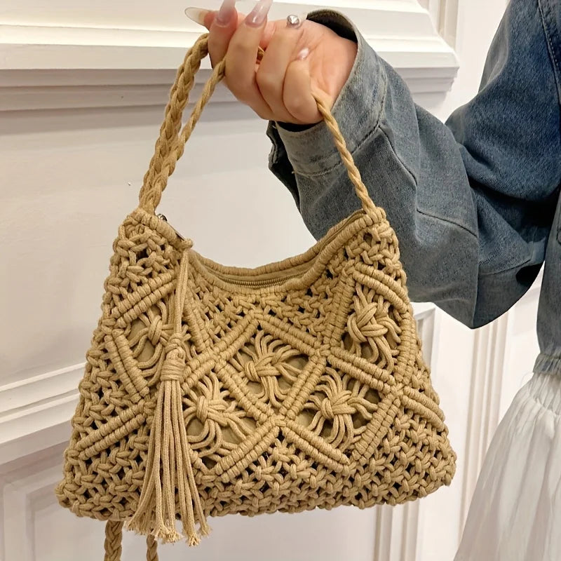 Bolso de hombro boho chic de algodón tejido con cierre de cremallera y forro interior / Varios colores