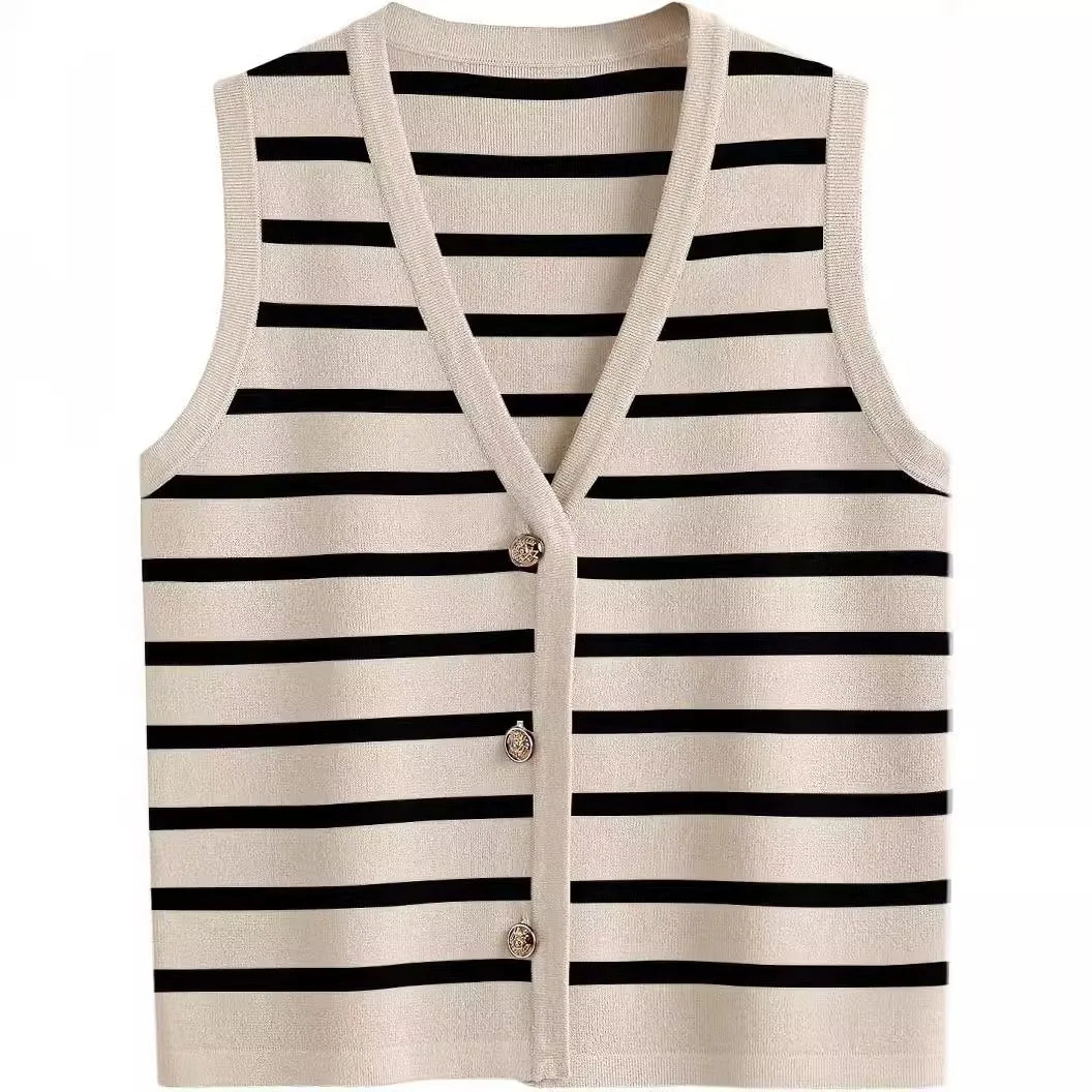 Chaleco a rayas cuello V con botones varios colores
