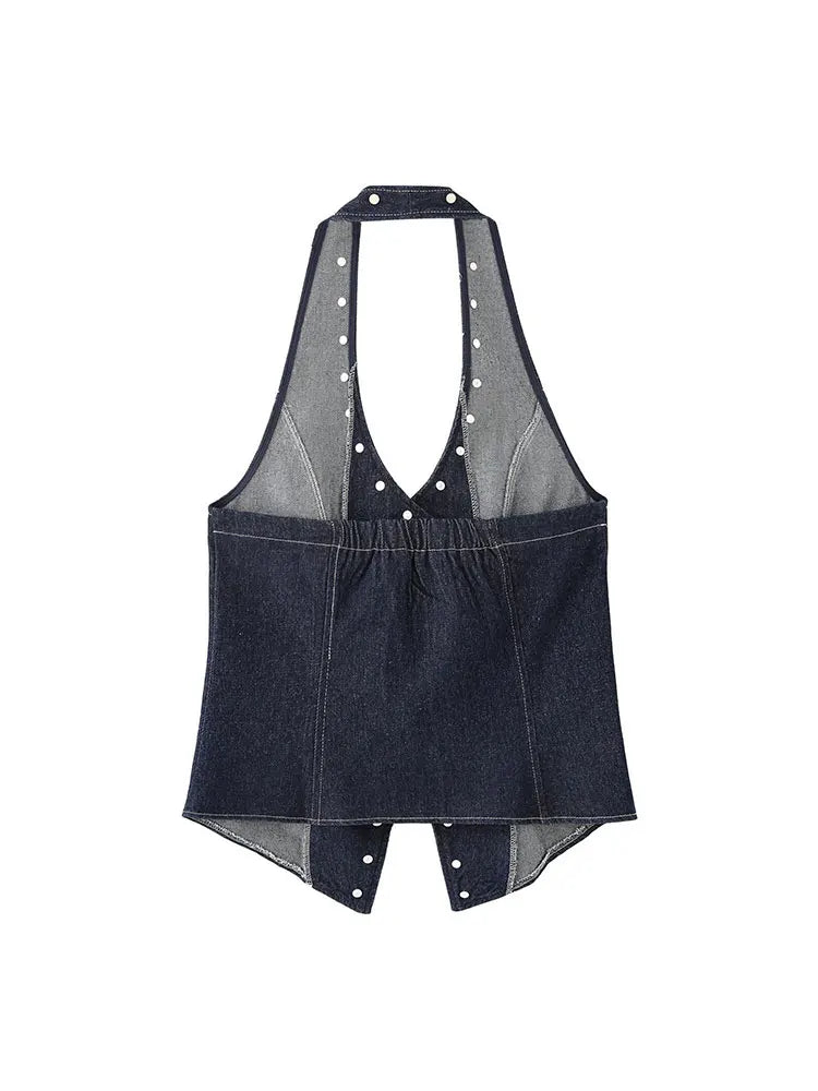 Chaleco de mezclilla vaquero estilo halter con espalda descubierta