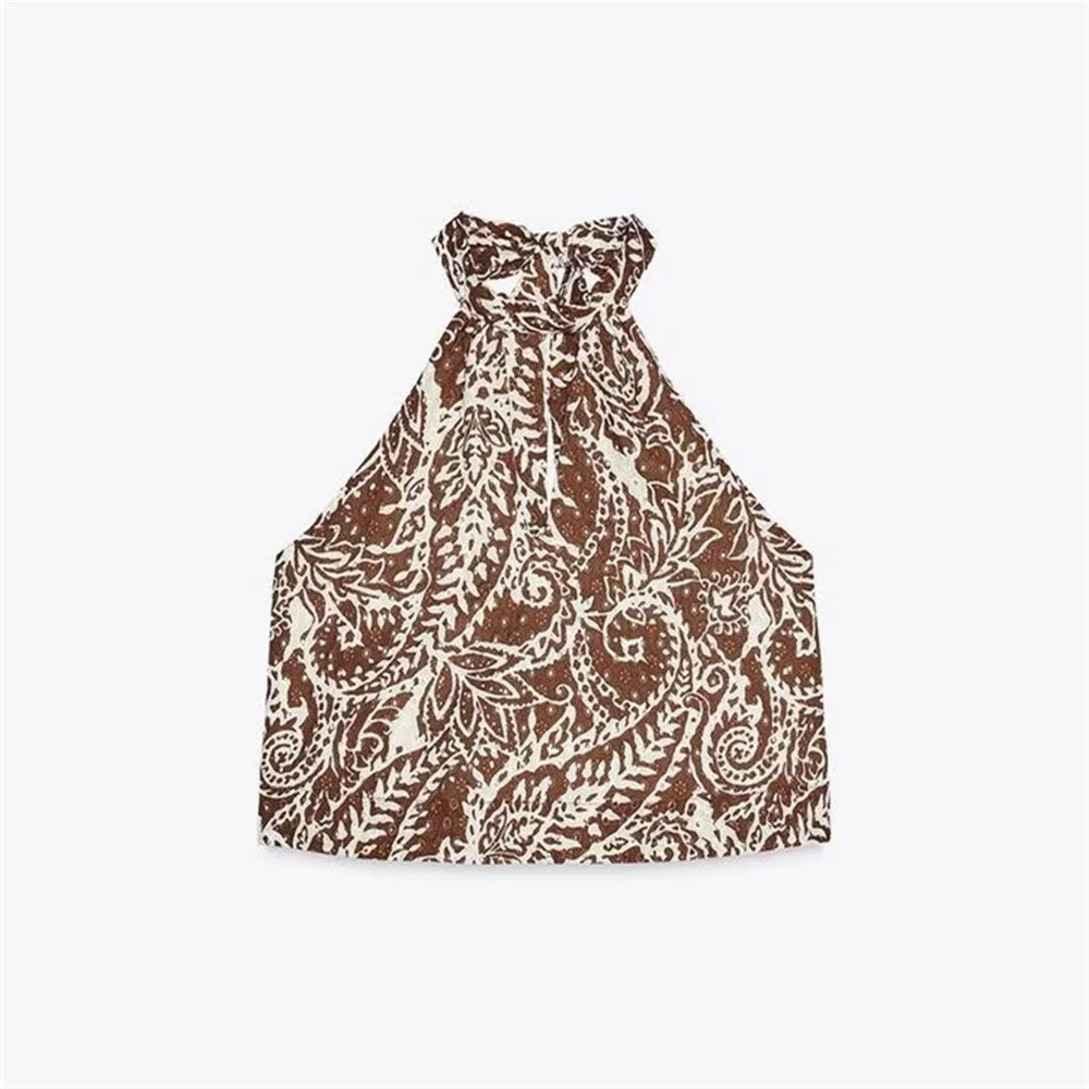 Top estampado con cuello de lazo espalda medio-descubierta
