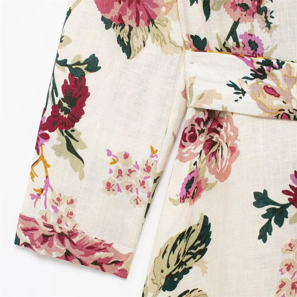 Vestido camisero de algodón y cáñamo con diseño floral