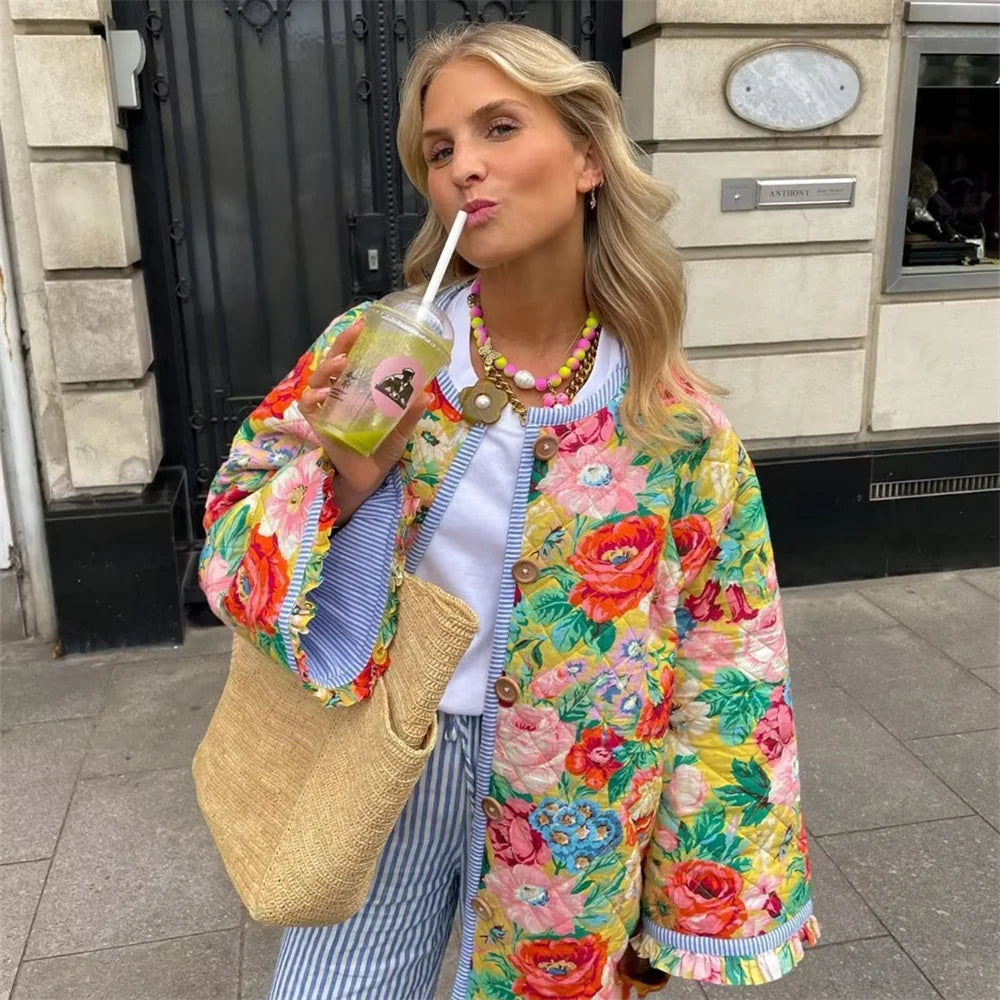 Chaqueta de cuello redondo a rayas estampado retro floral