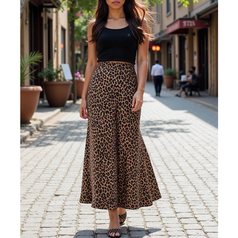 Falda larga recta con estampado de leopardo