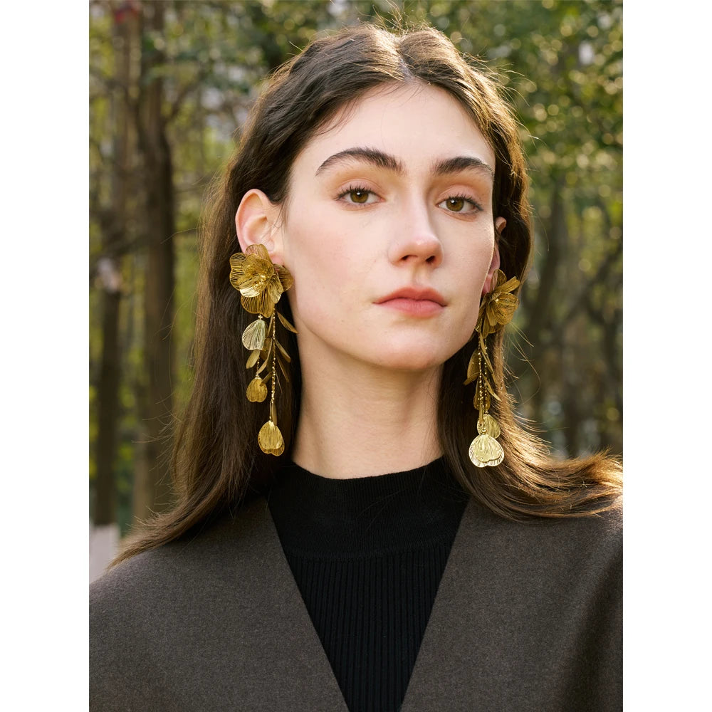 Pendientes con borlas de flores de acero inoxidable / Dorado y plateado disponible