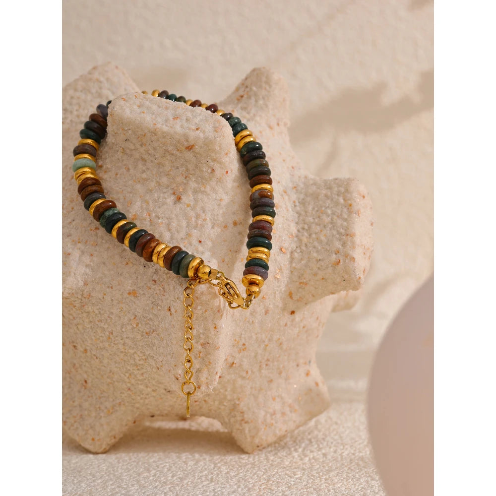 Pulseras de acero inoxidable hechas a mano con cadena de cuentas de piedra natural colorida / Varias combinaciones