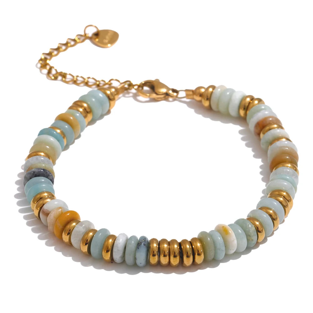 Pulseras de acero inoxidable hechas a mano con cadena de cuentas de piedra natural colorida / Varias combinaciones