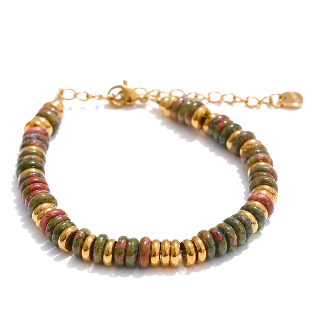 Pulseras de acero inoxidable hechas a mano con cadena de cuentas de piedra natural colorida / Varias combinaciones