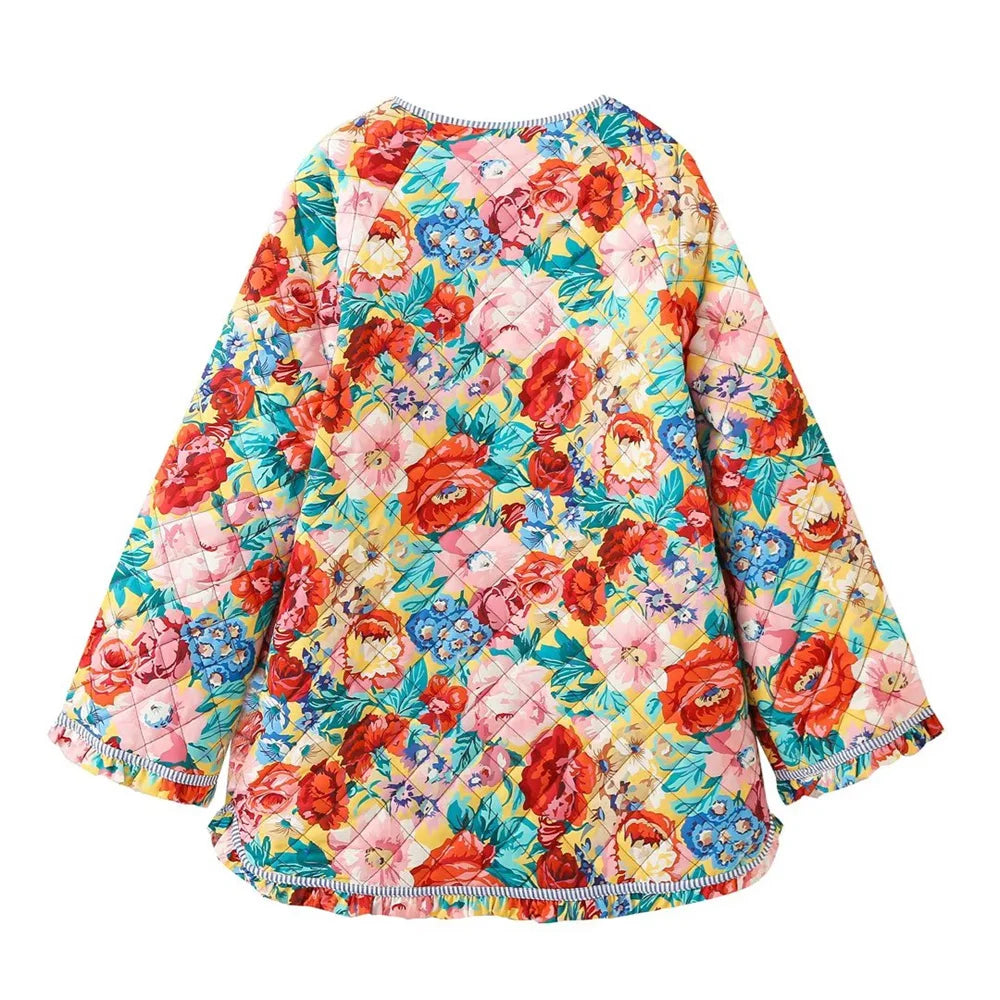 Chaqueta de cuello redondo a rayas estampado retro floral