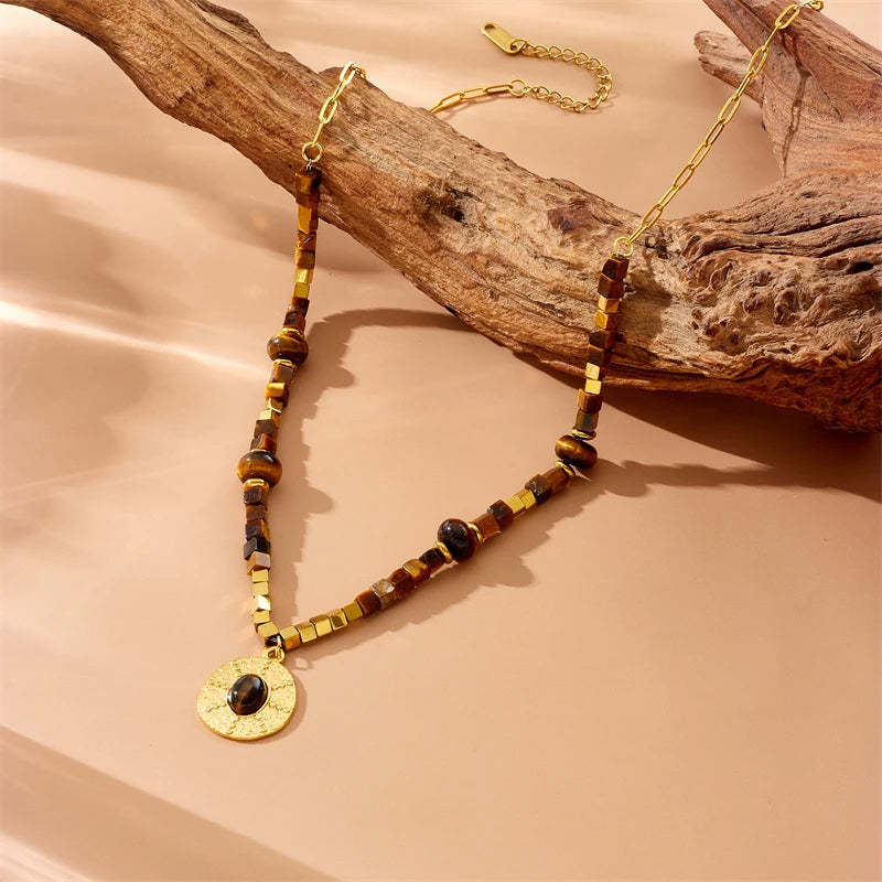 Collar de acero inoxidable con cuentas vintage ojo de tigre