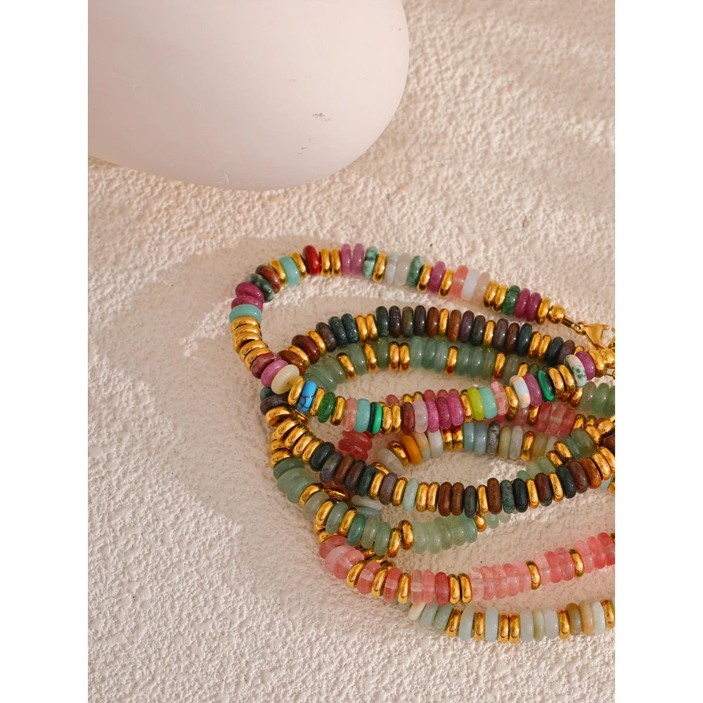 Pulseras de acero inoxidable hechas a mano con cadena de cuentas de piedra natural colorida / Varias combinaciones