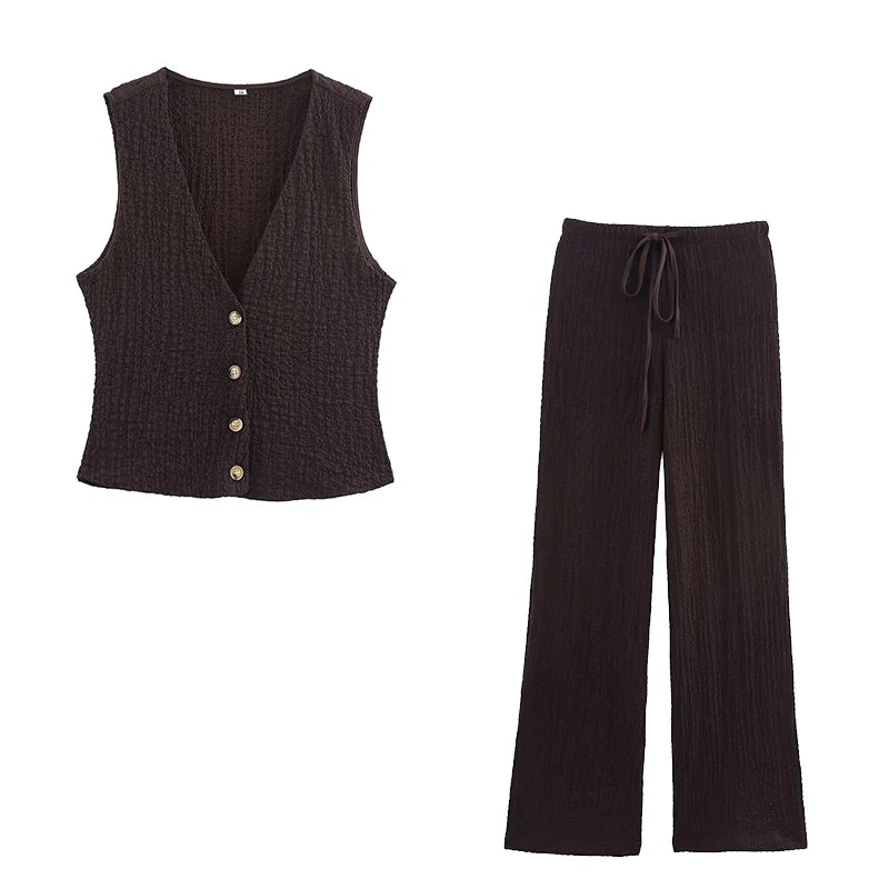 Set de 2 piezas con textura/chaleco y pantalones vintage de cintura alta elástica/Varios colores