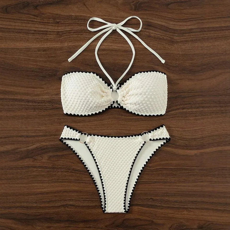 Bikini acanalado con cuello halter corte alto