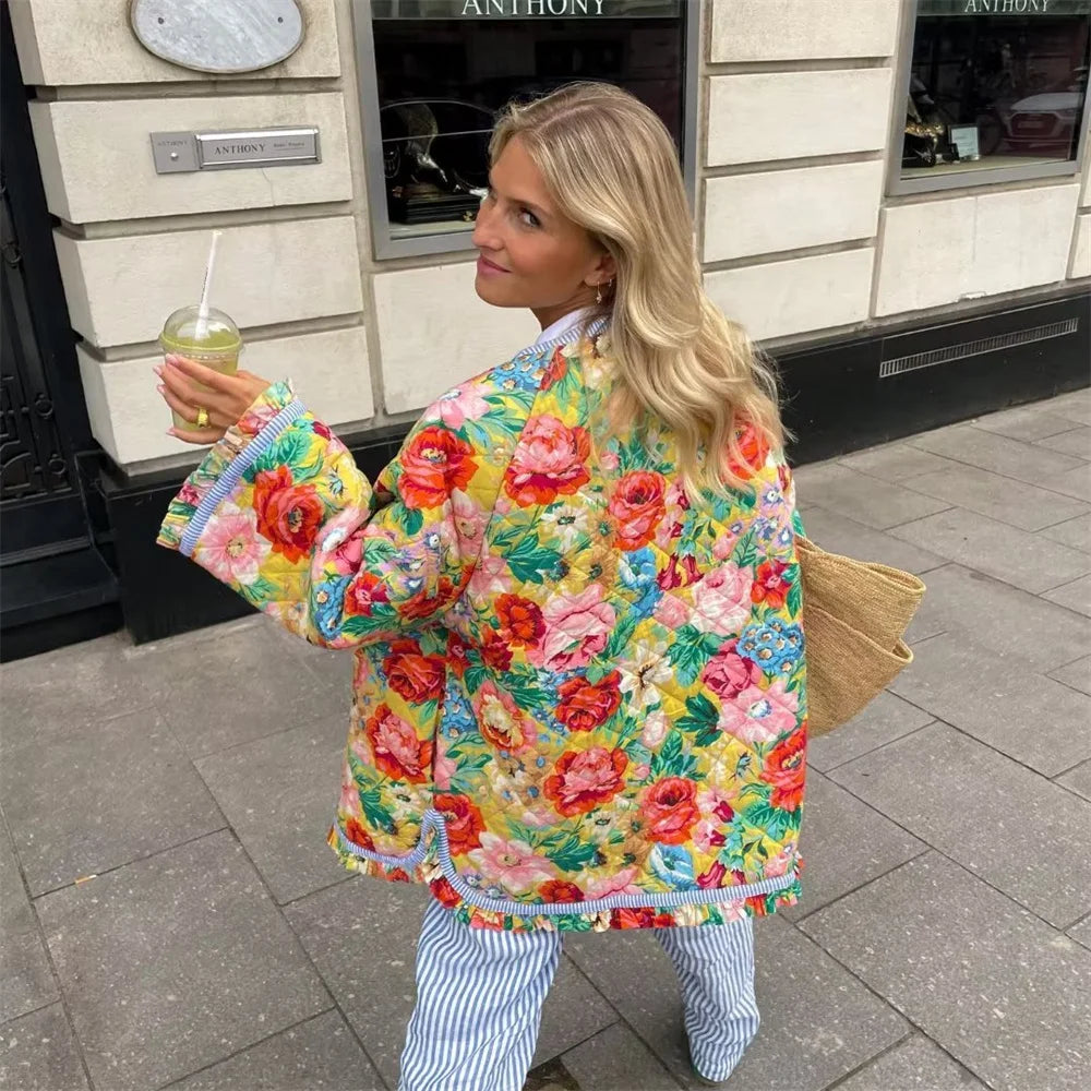 Chaqueta de cuello redondo a rayas estampado retro floral