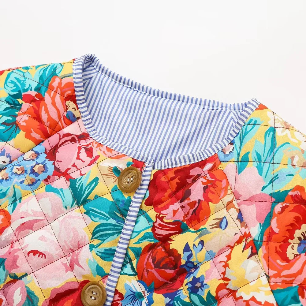 Chaqueta de cuello redondo a rayas estampado retro floral