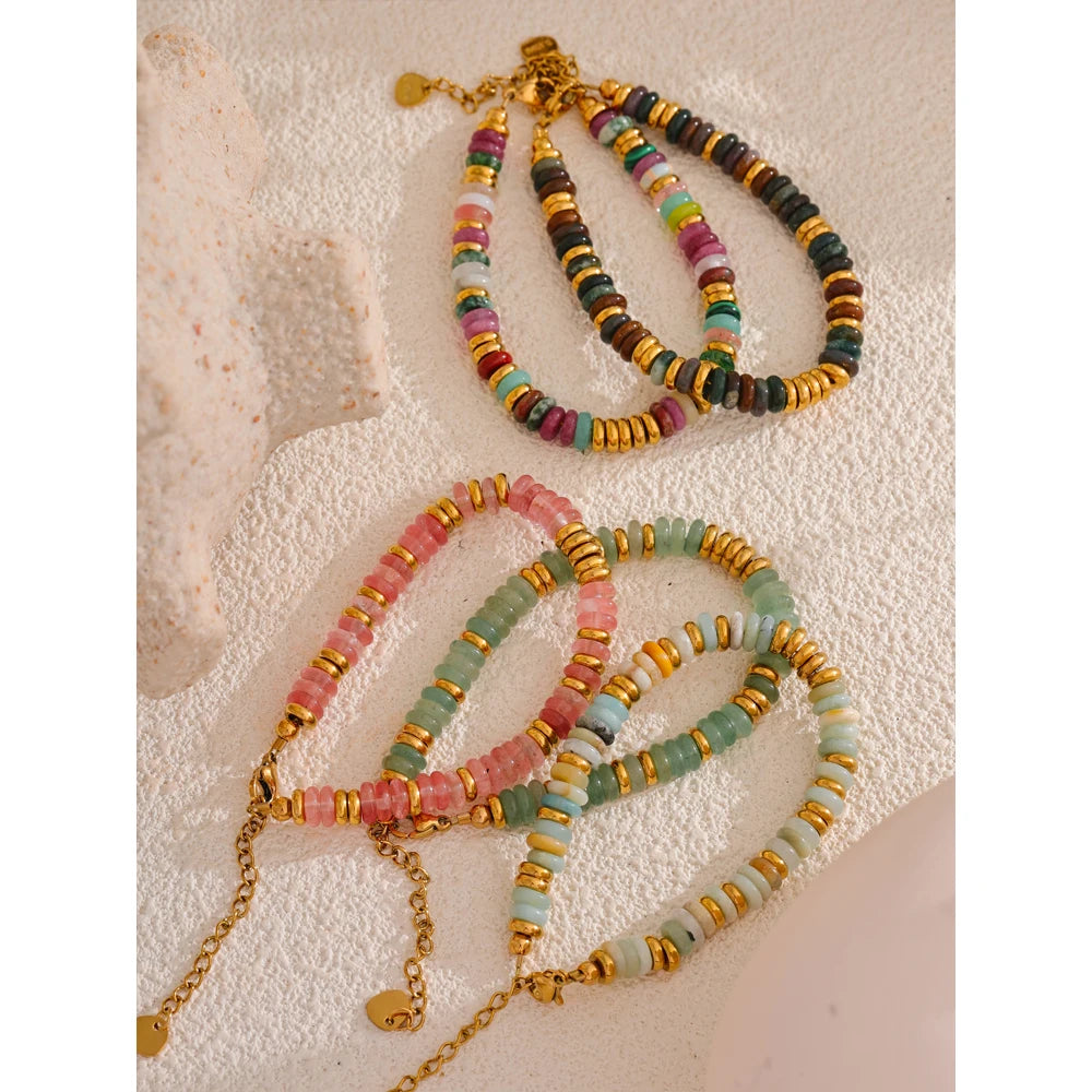 Pulseras de acero inoxidable hechas a mano con cadena de cuentas de piedra natural colorida / Varias combinaciones