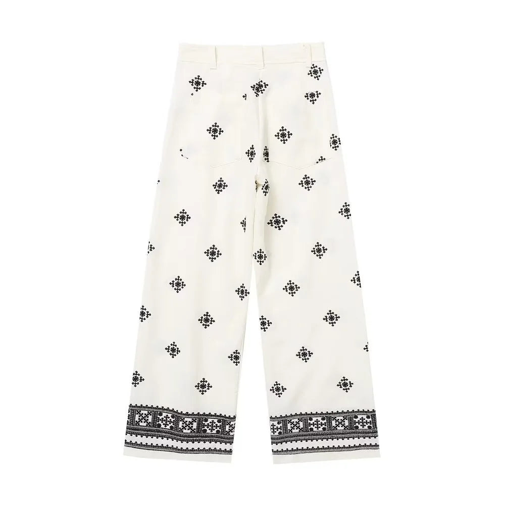 Pantalón retro ancho bordado con flores minimalistas