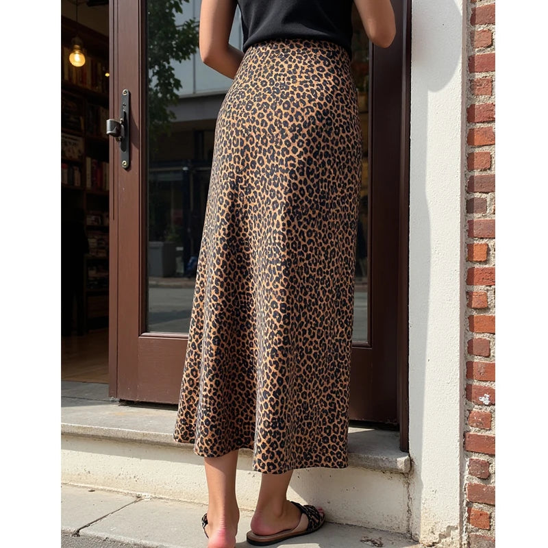 Falda larga recta con estampado de leopardo