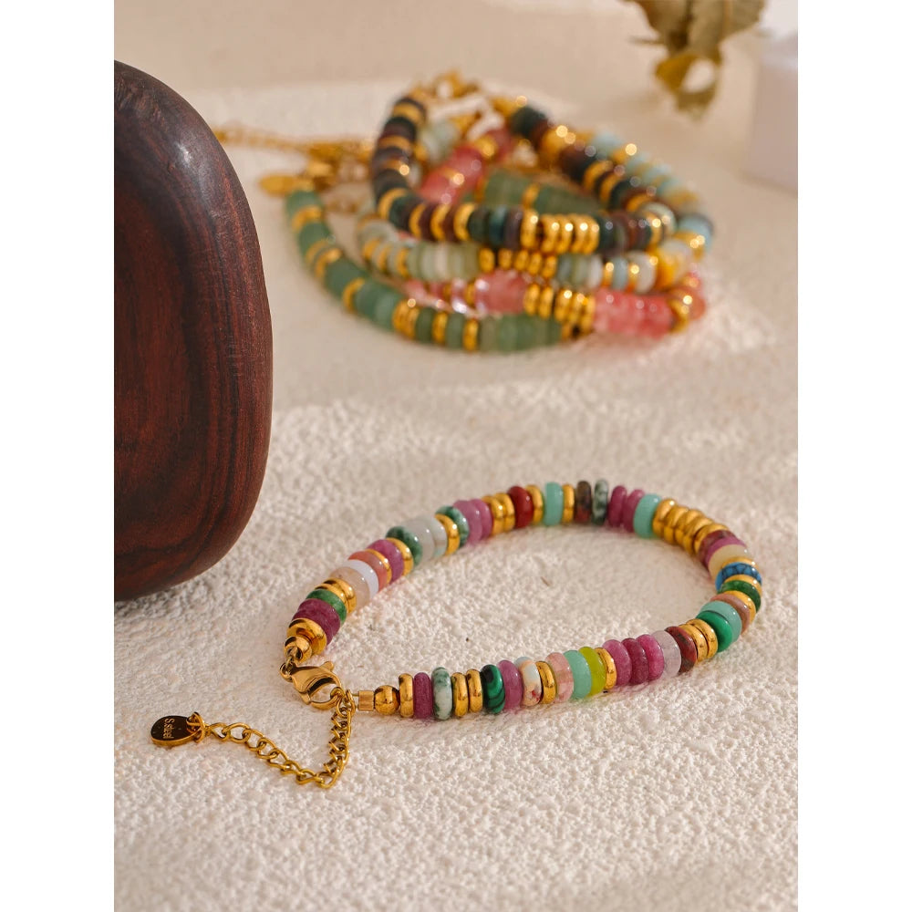 Pulseras de acero inoxidable hechas a mano con cadena de cuentas de piedra natural colorida / Varias combinaciones