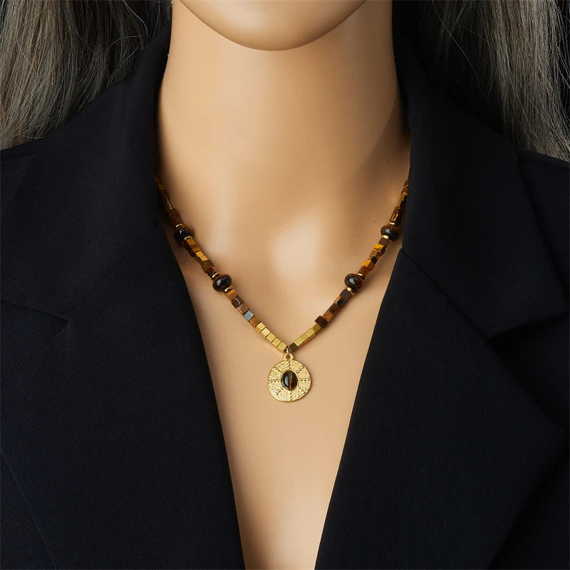 Collar de acero inoxidable con cuentas vintage ojo de tigre