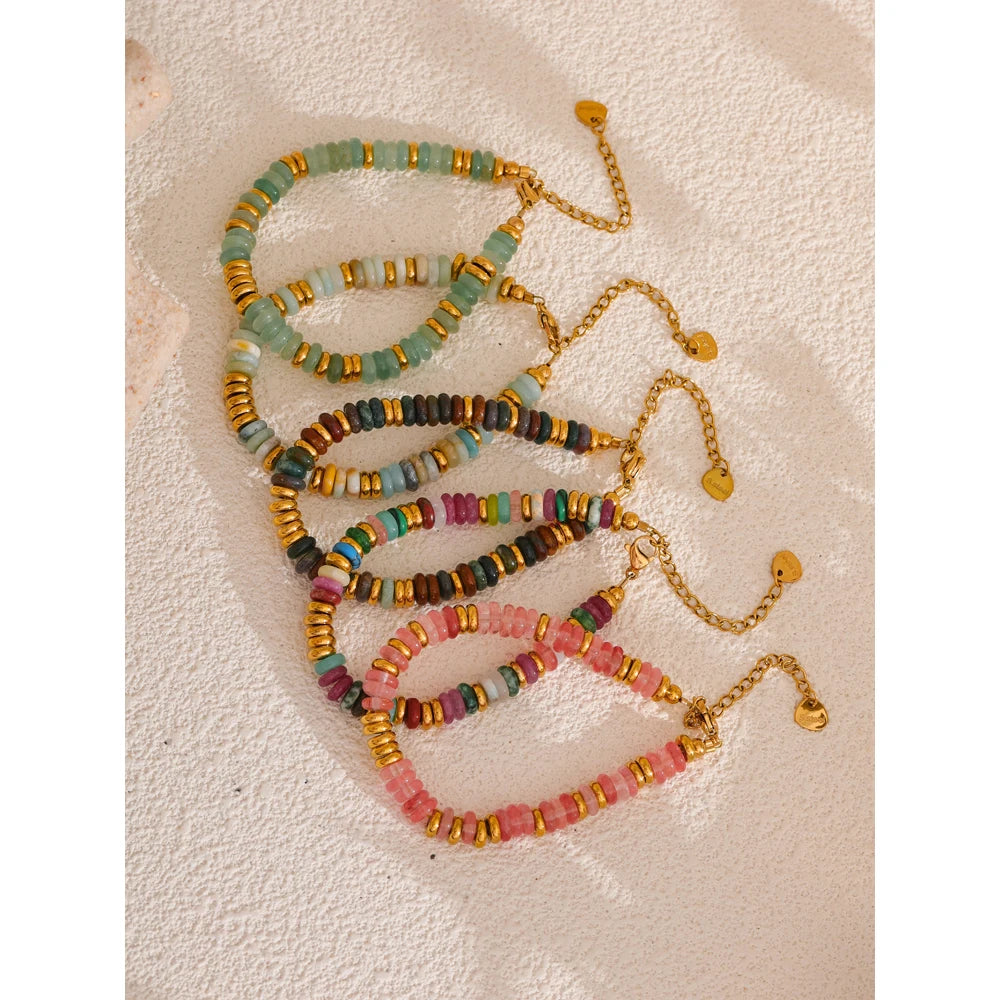 Pulseras de acero inoxidable hechas a mano con cadena de cuentas de piedra natural colorida / Varias combinaciones