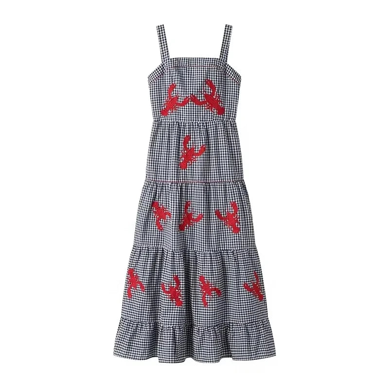 Vestido largo a cuadros con diseño bordado sin mangas