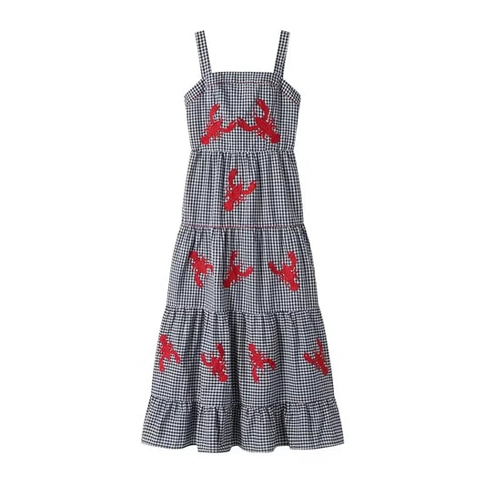 Vestido largo a cuadros con diseño bordado sin mangas