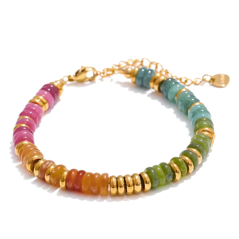 Pulseras de acero inoxidable hechas a mano con cadena de cuentas de piedra natural colorida / Varias combinaciones