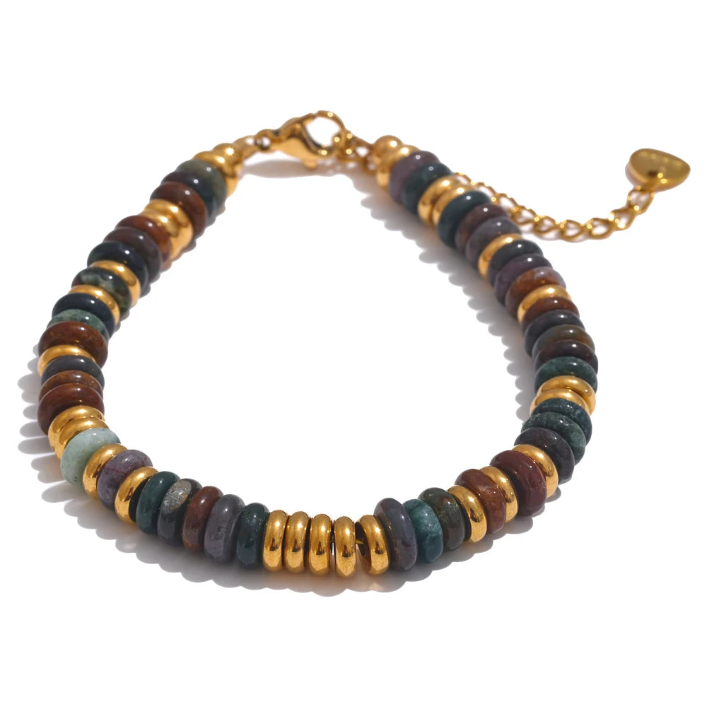 Pulseras de acero inoxidable hechas a mano con cadena de cuentas de piedra natural colorida / Varias combinaciones
