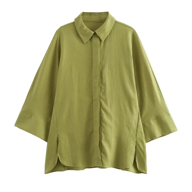 Camisa verde oversize de lino con cuello polo