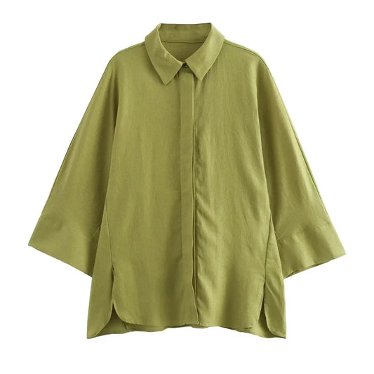 Camisa verde oversize de lino con cuello polo