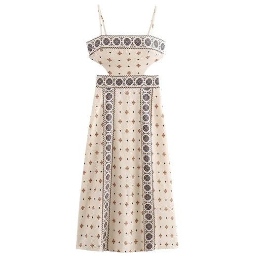 Vestido largo recortado con estampado bohemio espalda descubierta