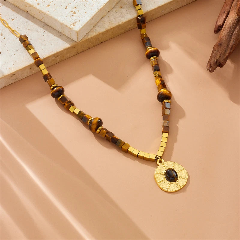 Collar de acero inoxidable con cuentas vintage ojo de tigre
