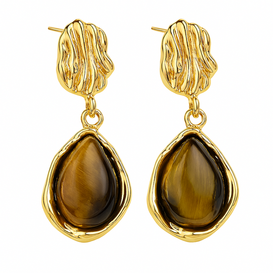 Aretes pendientes colgantes con piedra de ojo de tigre color café profundo
