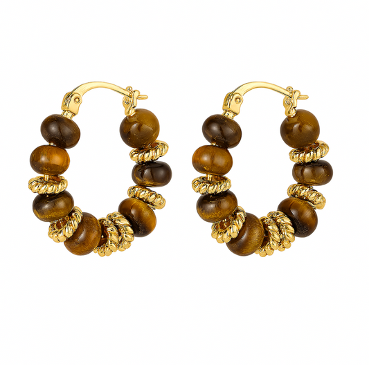 Aretes de aro con cuentas doradas y efecto madera