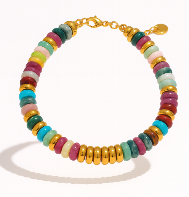 Pulseras de acero inoxidable hechas a mano con cadena de cuentas de piedra natural colorida / Varias combinaciones