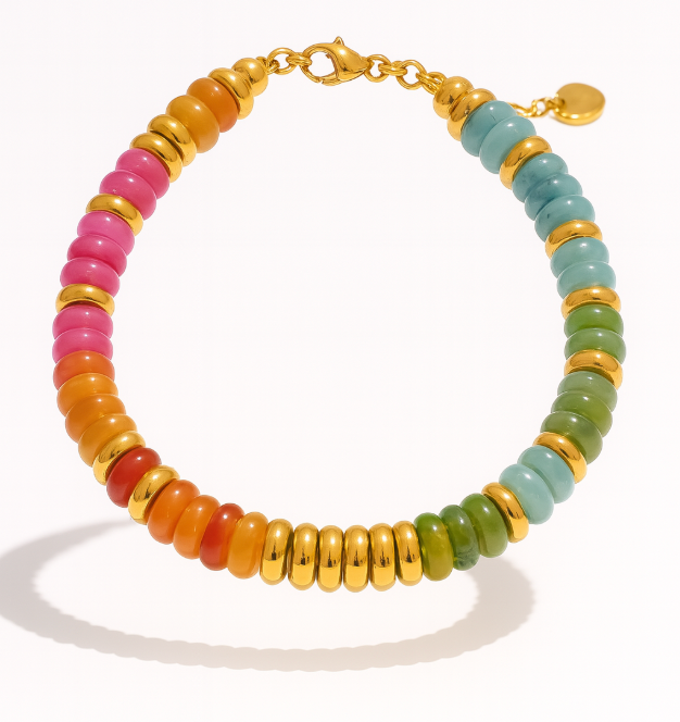 Pulseras de acero inoxidable hechas a mano con cadena de cuentas de piedra natural colorida / Varias combinaciones