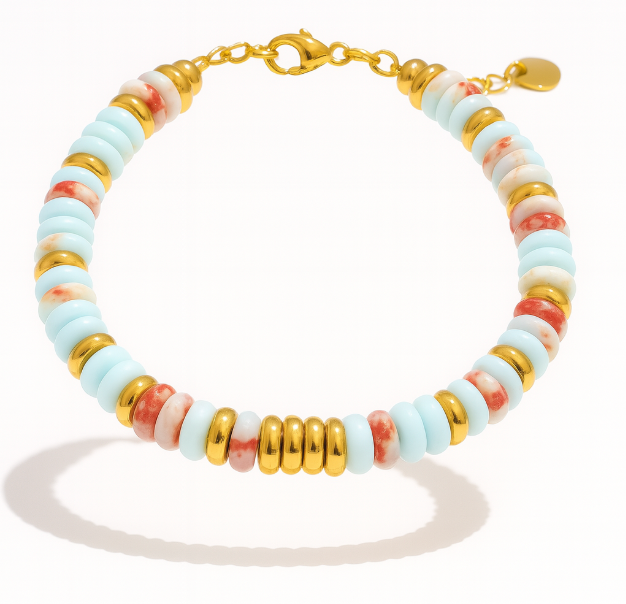 Pulseras de acero inoxidable hechas a mano con cadena de cuentas de piedra natural colorida / Varias combinaciones