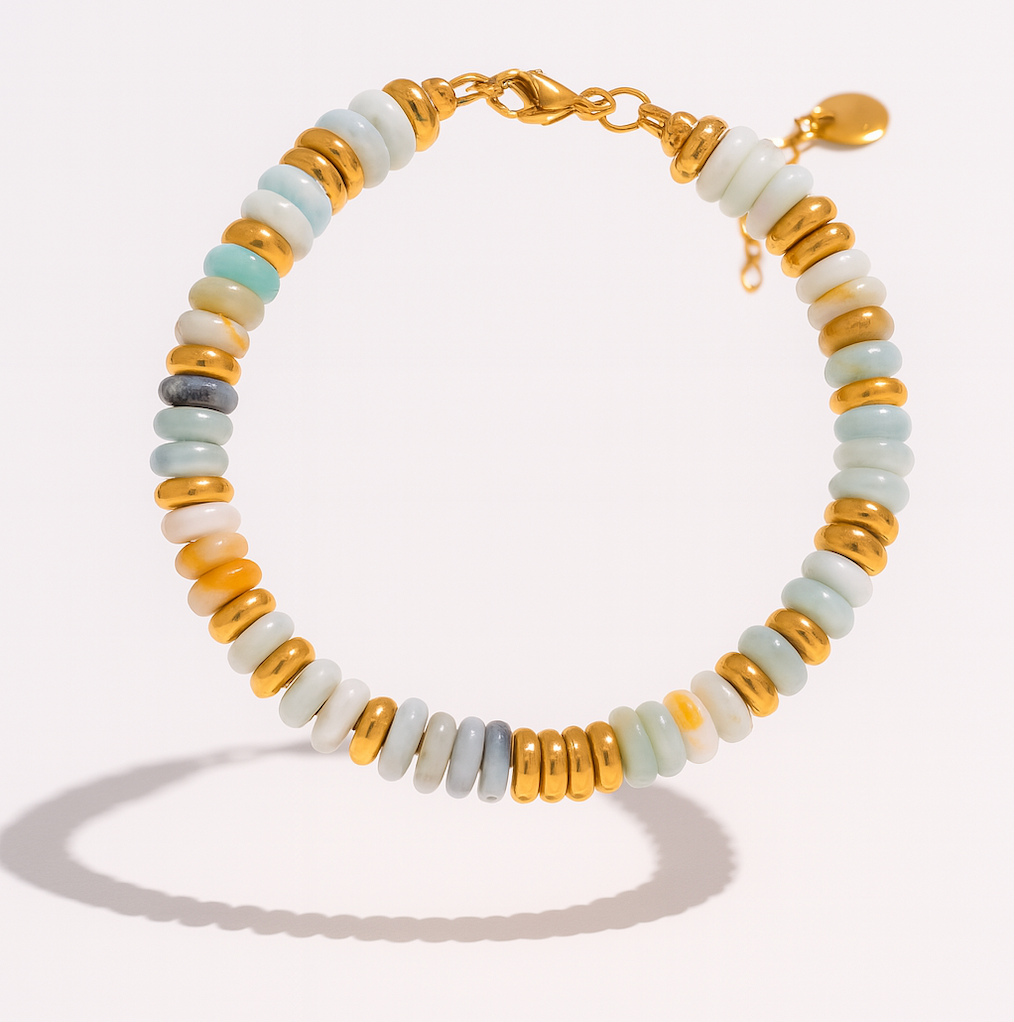 Pulseras de acero inoxidable hechas a mano con cadena de cuentas de piedra natural colorida / Varias combinaciones