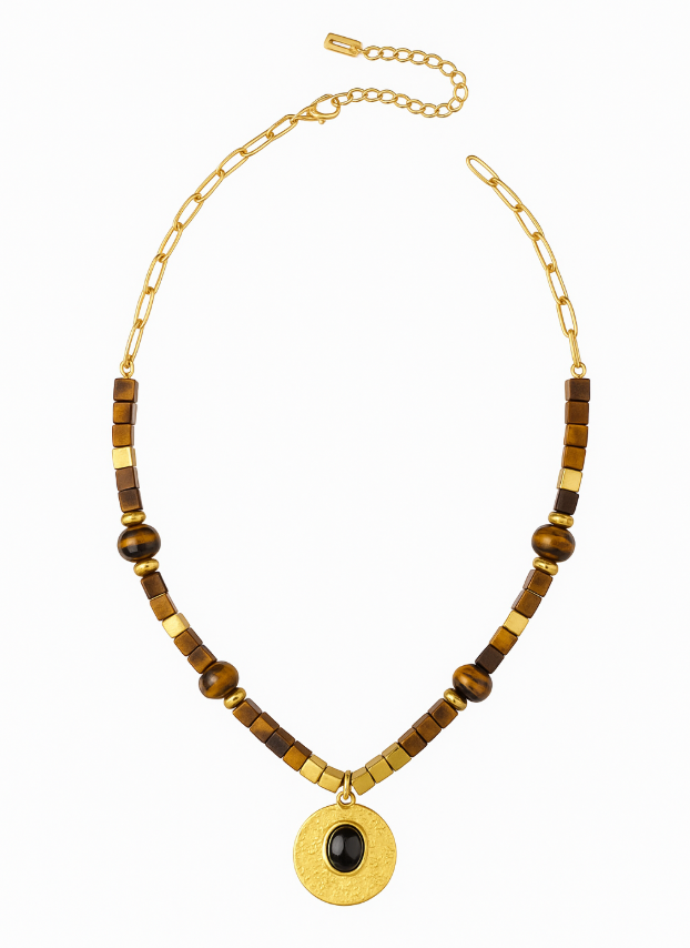 Collar de acero inoxidable con cuentas vintage ojo de tigre