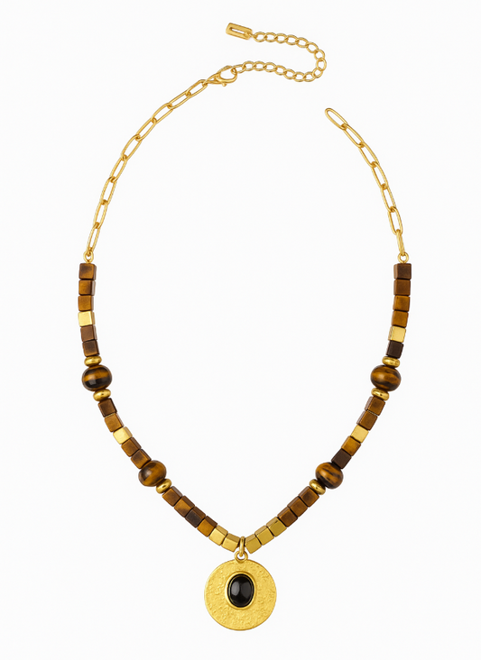 Collar de acero inoxidable con cuentas vintage ojo de tigre