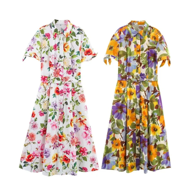 Vestido floral de manga corta y cinturón