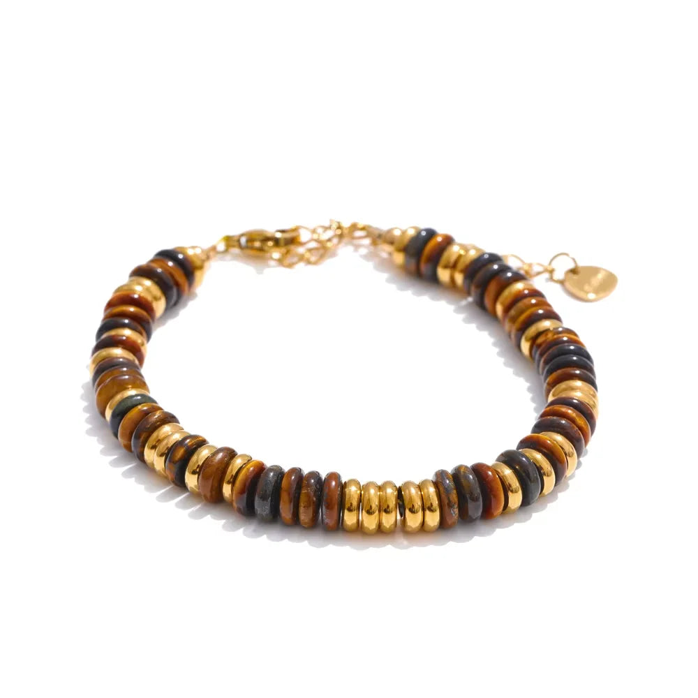 Pulseras de acero inoxidable hechas a mano con cadena de cuentas de piedra natural colorida / Varias combinaciones