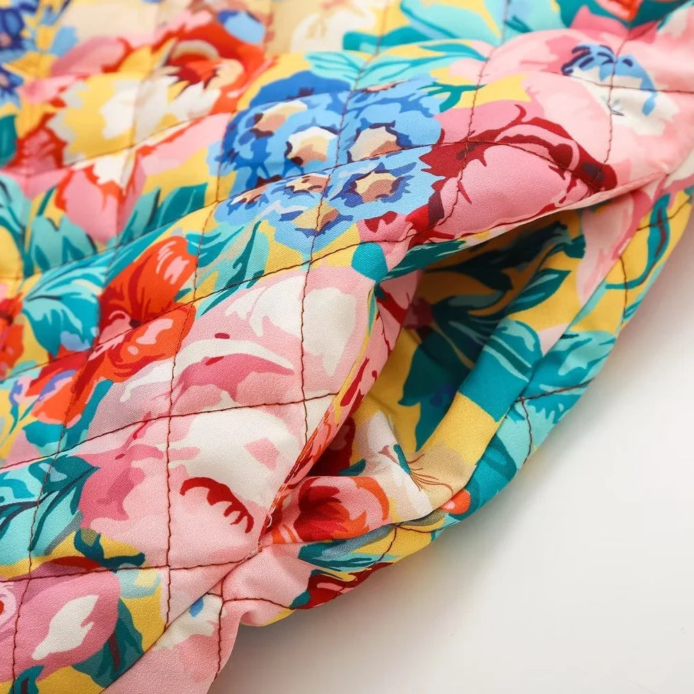 Chaqueta de cuello redondo a rayas estampado retro floral